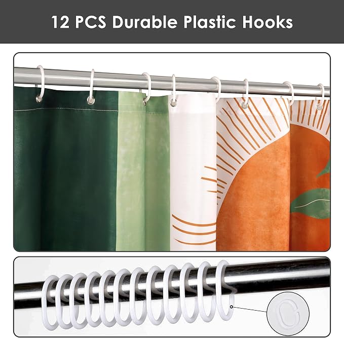 Mid Century Abstract Boho Aesthetic Shower Curtain Set, Green Nature Leaf Sun Modern Minimalist Home Bathroom Curtain Decor with 12 Hooks 72 Inch Wide * 84 Inch High