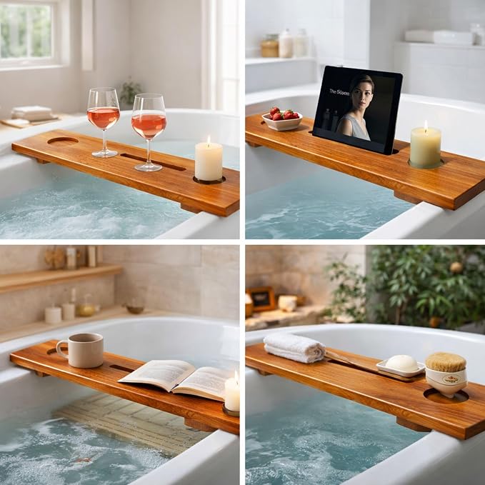 Teak Bathtub Tray for Tub, 40" Solid Teak Wood Bath Caddy Tray with Tablet & Wine Glass Holder, Water-Resistant Bath Tub Tray Wood for Spa Bathroom Accessories