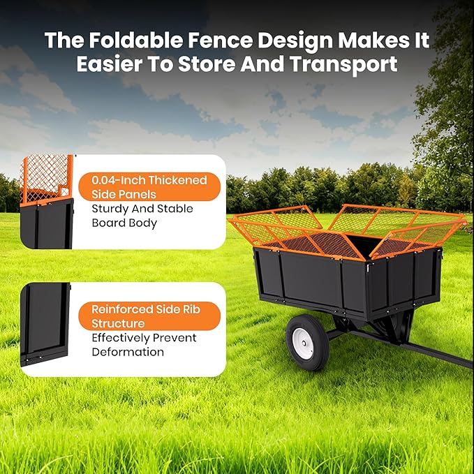ATV UTV Trailer, Garden Utility Trailer Tow Behind Dump Trailers, 17 Cu.Ft Capacity & Heavy Duty 750 Lbs Steel Dump Cart, with Foldable Mesh Fence, Yard Garden Trailers for Lawn Mower Tractor