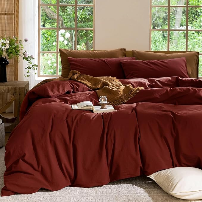 MooMee Bedding Duvet Cover Set 100% Washed Cotton Linen Like Textured Breathable Durable Soft Comfy (Solid Fired Brick Red, Oversized Queen 98"x98")