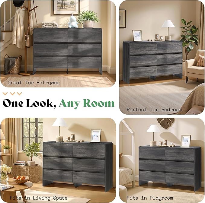 AMERLIFE 6 Drawer Dresser for Bedroom, 49" Wide Modern Chest of Storage Drawers with Rounded Corners, Anti-Tip Kit, Wood Cabinet Organizer for Closet, Living Room, Nursery, Easy Assembly, Black