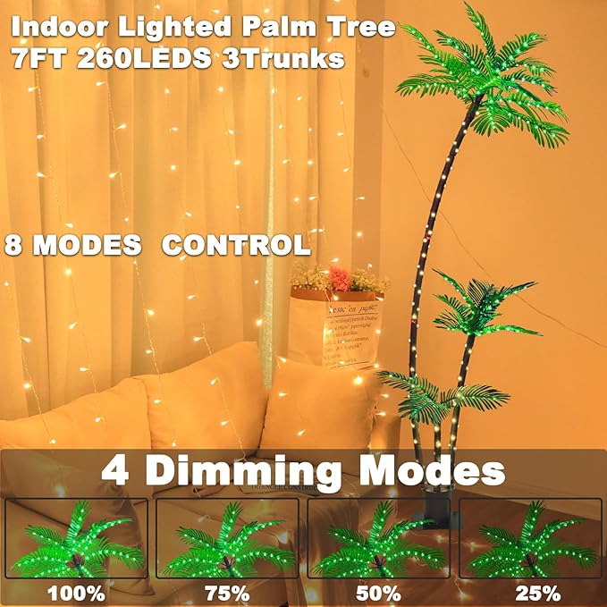 7FT Lighted Artificial Palm Tree with Three Trunks and Upgraded 260 LED Lights - Outdoor/Indoor Use, Perfect for Tiki Bars, Patios, Homes, Offices, Beaches, Yards Pool and Cruise Party