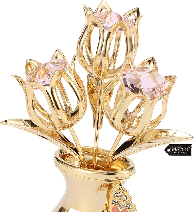 Matashi 24K Gold Plated Flower Ornament with Pink Crystals & Butterfly – Elegant Vase Décor – Perfect Christmas, Valentine’s for Her, Mom, Wife, Grandma