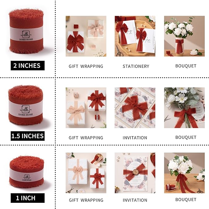 DORIS HOME Terracotta Chiffon Ribbon for Flower Bouquet, 1" x21Yd Fabric Ribbon for Gift Wrapping, Handmade Frayed Ribbon for Wedding Invitations/Christmas Decorations
