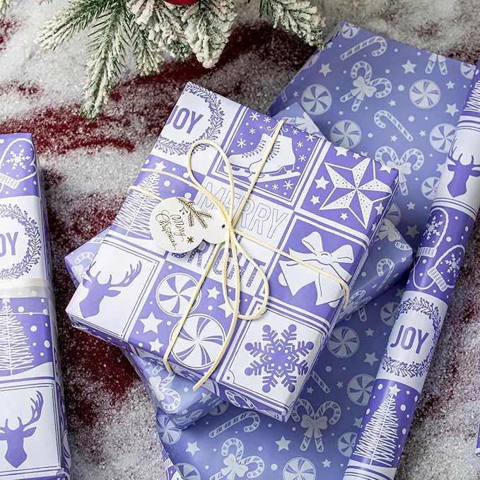 MAYPLUSS Christmas Wrapping Paper Roll, Light Purple Wrapping Paper, Girly Bell, Tree, Candy Canes Christmas Themed Wrapping Paper for Girl Holiday Gift Packaging (17 Inch X 16.5 Feet)