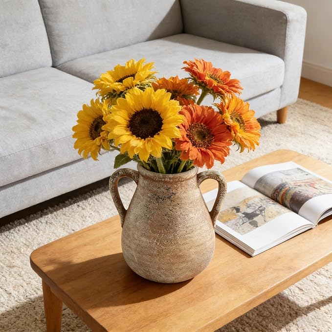 Ceramic Flower Vase Home Decor - 7.5 Inch Farmhouse Rustic Table Vases Living Room Decoration Decorative Vintage Pottery for Kitchen Shelf Coffee Dining Bookshelf Fireplace Centerpiece (Rustic-7.5")