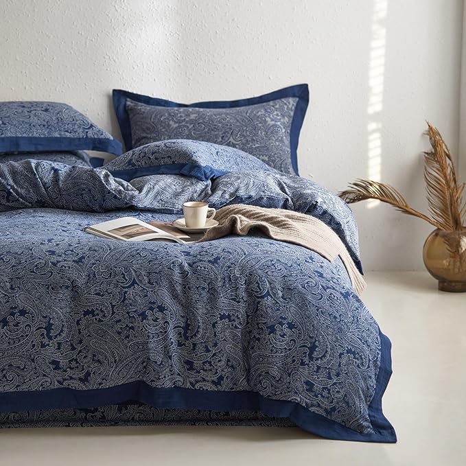 Navy Blue Duvet Cover Twin XL Vintage Boho Paisley Duvet Cover Exquisite Jacquard Bedding Set Cotton Linen Yarn-Dyed Textured Duvet Cover Cozy Breathable Floral Boho Bedding Comforter Cover Twin XL