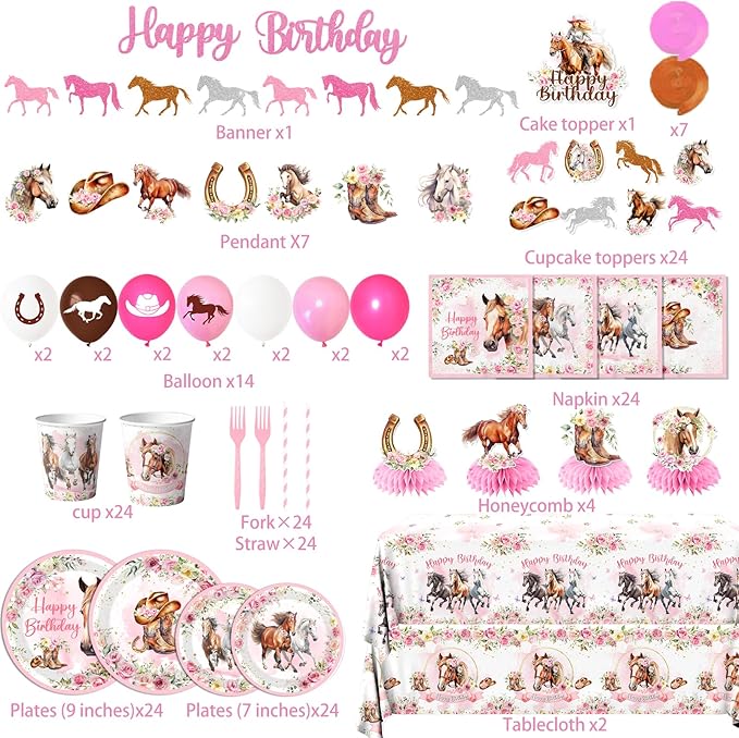 Horse Birthday Decorations for Girls,199pcs Cowgirl Birthday Party Decorations Horse Party Plates Napkins Cups Balloons Tablecloth Cake Toppers Honeycomb for Horse Party Decorations,Serve 24