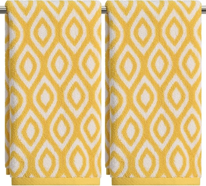 Artoid Mode 2 Pcs Beige Yellow Diamond Grid Jacquard Hand Towels for Bathroom, 100% Cotton Soft Absorbent Bathroom Decor Towels, 13.7 x 29.5 Inch
