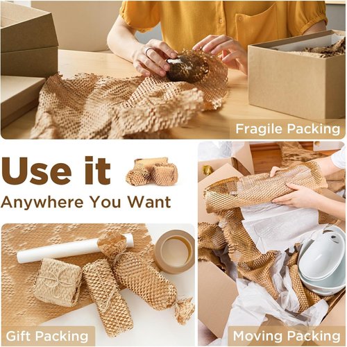 Honeycomb Packing Paper - 12"x200' Brown | Recyclable Perforated Packing Supplies | Eco-Friendly Alternative to Bubble Wrap with 36 Fragile Stickers