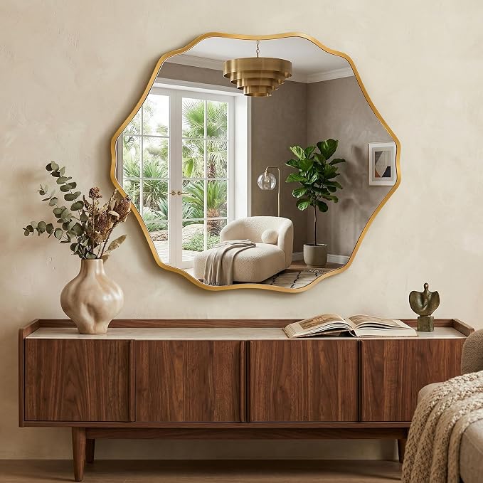 Irregular Hexagon Wall Mirror with Wavy Edge, Modern Decorative Mirror for Bathroom, Bedroom, Living Room, Frameless Vanity Mirror