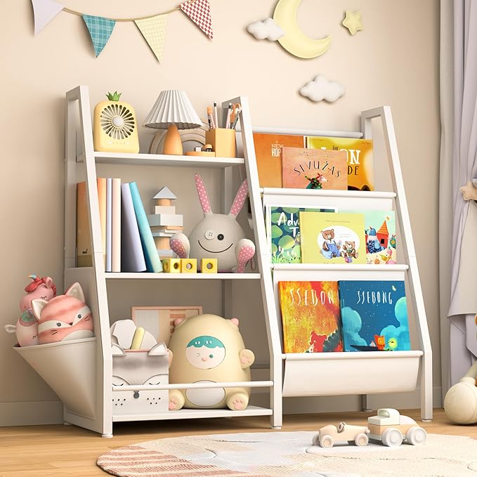 Kids Bookshelf with Extra Pocket, 3 Tier Toddler Bookshelf and Toy Storage Organizer for Kids, Bedroom, Playroom and Nursery, White