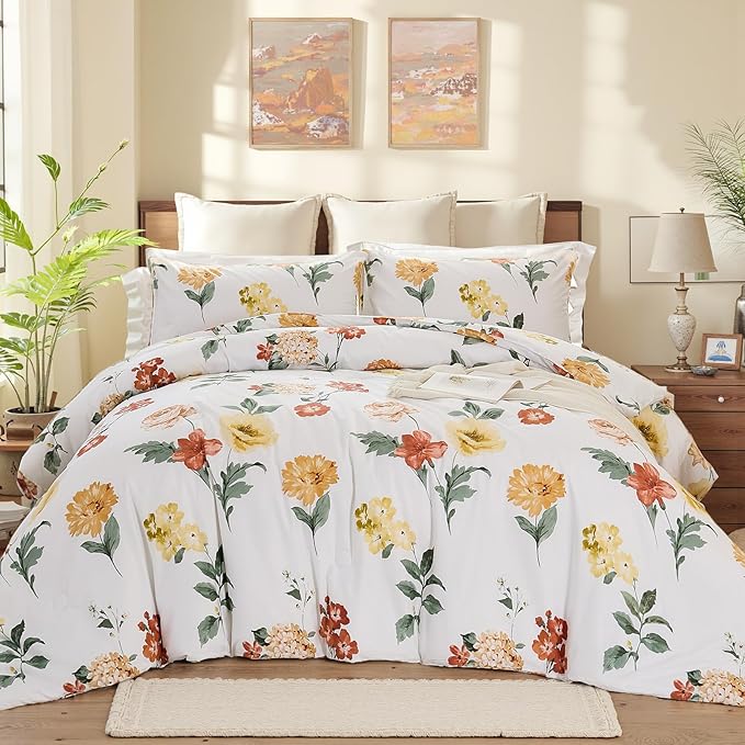 Yellow Floral Comforter Set Cute Botanical Bedding King 100% Cotton Floral Vintage & Country Cottage Bedroom Decor Soft Reversible
