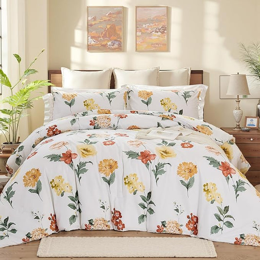 Yellow Floral Comforter Set Cute Botanical Bedding King 100% Cotton Floral Vintage & Country Cottage Bedroom Decor Soft Reversible