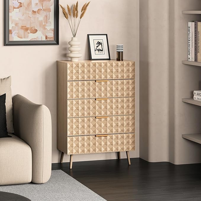 48" Tall Dresser,Chest of Drawers,5 Drawers Dresser for Bedroom,Clothes Storage with Diamond-Shaped