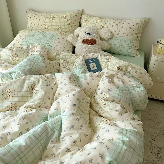 LifeTB Muslin Duvet Cover Queen Size 100% Cotton Botanical Floral Comforter Cover Aesthetic Flower Chic Plaid Desgin Cottagecore Bedding Set Breathable Soft Gauze Duvet Cover with 2 Pillowcases
