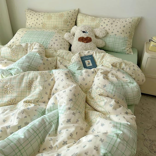 LifeTB Muslin Duvet Cover Queen Size 100% Cotton Botanical Floral Comforter Cover Aesthetic Flower Chic Plaid Desgin Cottagecore Bedding Set Breathable Soft Gauze Duvet Cover with 2 Pillowcases