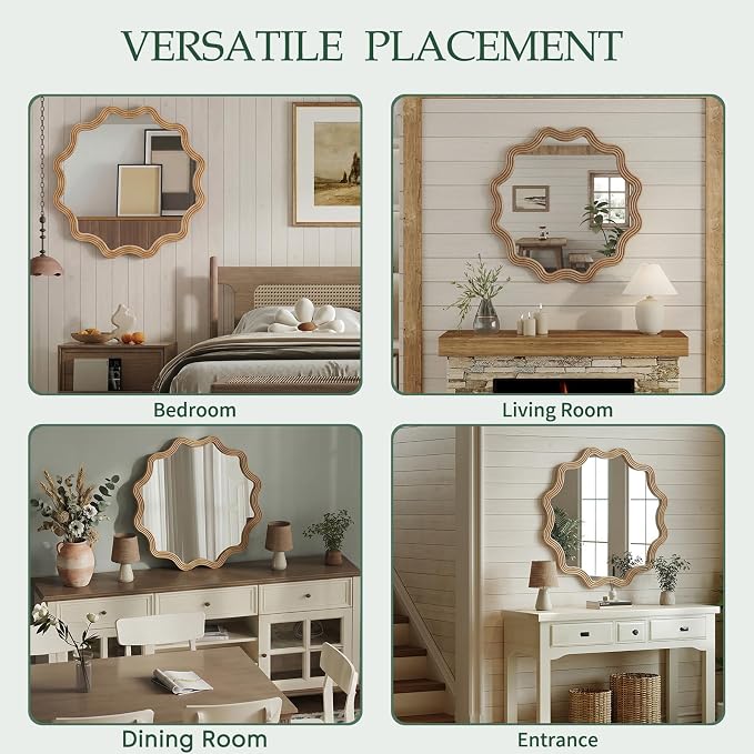 Farmhouse Wall Mirror - 31.5" Wood Frame Round Rustic Wall Decorative Mirrors, Circle Scalloped Wavy Round Boho Accent Mirror for Living Room, Bedroom, Entryway, Hallway, Fireplace (Natural)