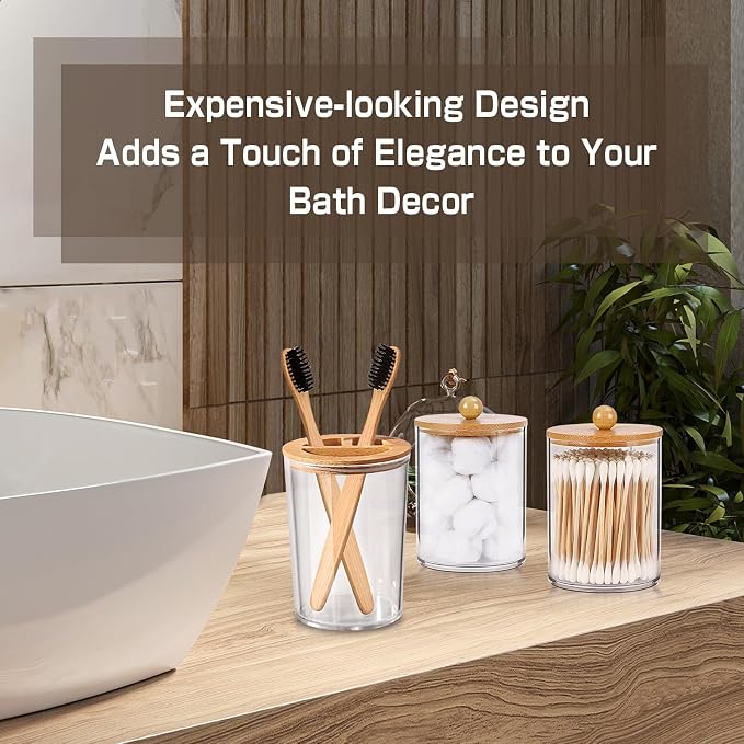Bamboo Bathroom Accessory Set 5 Pcs, Boho Bathroom Accessories Sets Complete, Clear Bath Soap Dispenser and Toothbrush Holder Set, Soap Dish, Cotton Swab Jar, Boho Organizer