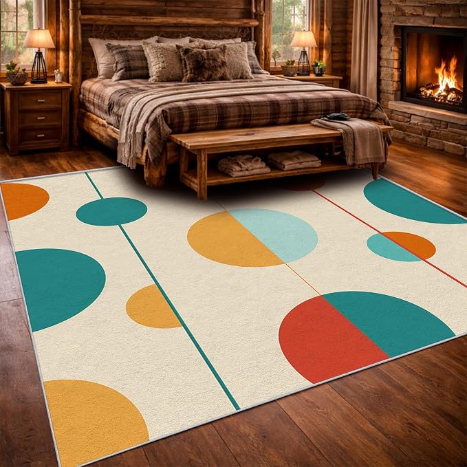 Mid Century Modern Area Rug 6x6, Washable Non Slip Low Pile Abstract Geometric Carpet for Living Room Bedroom Dining Room, Minimalist Retro Circle Accent Rug, Ivory Teal Mustard Orange