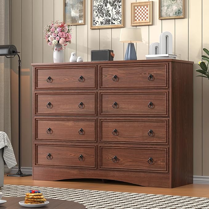 8 Drawer Dresser for Bedroom, Cherry Wood Chest of Drawers, Large Storage for Clothes, Vintage Design, for Living Room, Bedroom, Hallway 47.24W*15.75D* 41.2''H