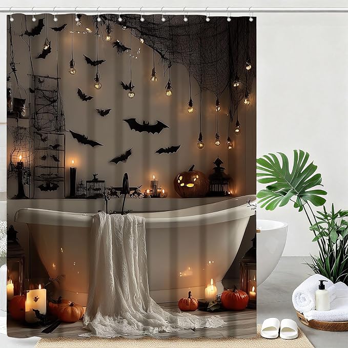 Horror Halloween Shower Curtain Bats Spooky Shower Curtains for Bathroom Waterproof Fabric Bath Curtain Decor with Hooks