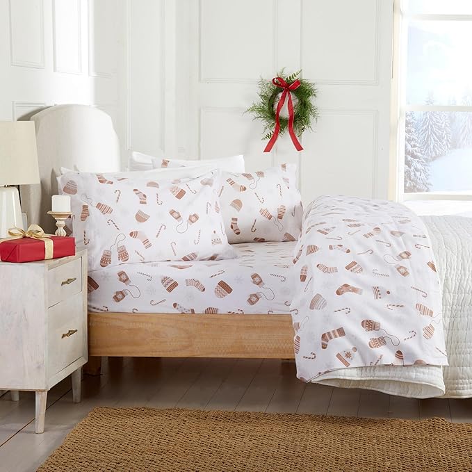 Market & Place 100% Cotton Full Flannel Sheet Set | 4 Piece Deep Pocket Novelty Cozy Winter Bed Sheets | Double Brushed for Extra Softness & Comfort | Alpine Collection (Full, Winter Mittens)