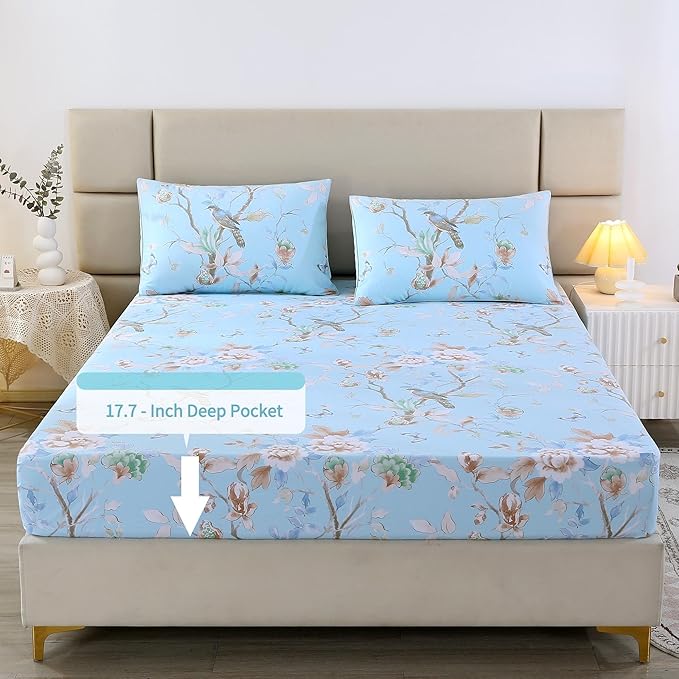 RYNGHIPY Egyptian Cotton Bed Sheet Set Blue Bird Botanical Pattern Bed Sheets Deep Pocket Fitted Sheet Tree Branches Print Bedding Soft Breathable (Light Blue,Queen Size)