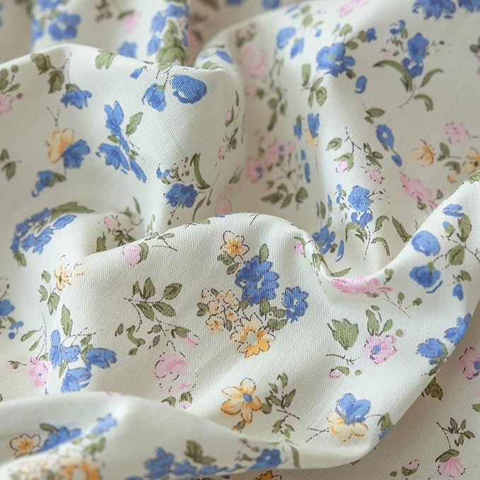 EAVD Botanical Floral Duvet Cover King Soft 100% Cotton Blue Pink Floral Bedding Set with 2 Pillowcases Chic Vintage Style Garden Floral Comforter Set Reversible Solid Pink Duvet Cover Set