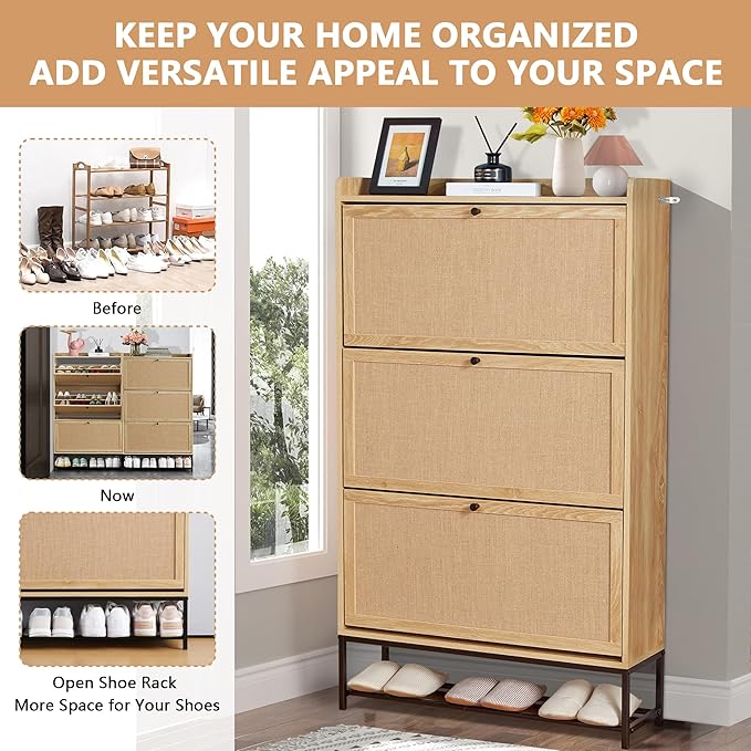 LEVNARY Shoe Storage Cabinet with 3 Flip Drawers, Freestanding Shoe Cabinet Storage Organizer for Entryway, Wooden Narrow Shoe Racks Cabinet with Metal Legs for Hallway (Natural Oak)