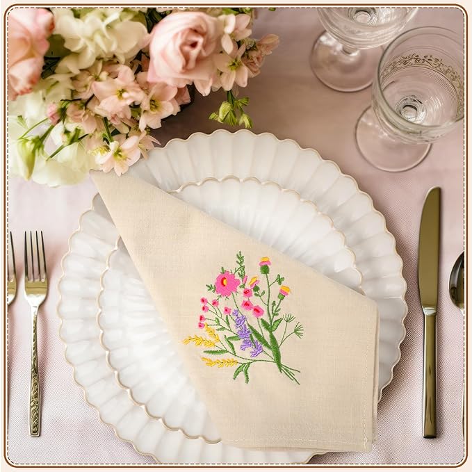 Tioncy 6 Pcs Christmas Floral Cloth Napkins Decorations Bulk Embroidered Wildflower Dinner Napkins Tea Cocktail Party Gifts Xmas Stocking Stuffers for Holiday Table Decor (Grey)