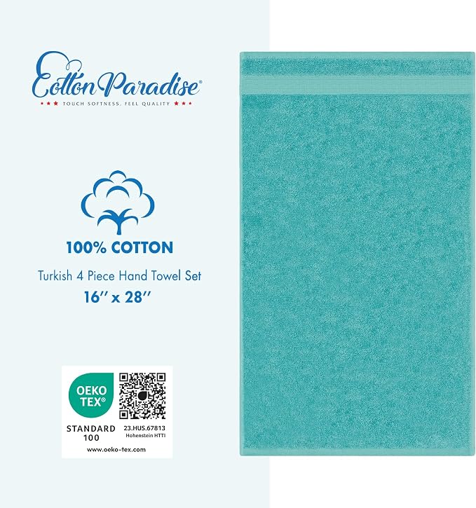 Cotton Paradise 100% Cotton Turkish Towel Set, Soft Absorbent Quick Dry, 4 Piece Hand Towel Set, Turquoise