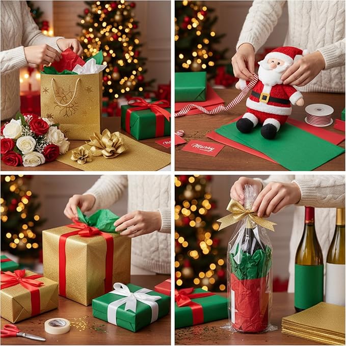 Qilery 500 Sheets Christmas Colored Tissue Paper Bulk 15 x 20 Inch Red Green Gold White Wrapping Paper for Gift Bags Acid Free Tissue for Christmas Craft Supplies, Bouquets, Garlands, Forming Pompoms