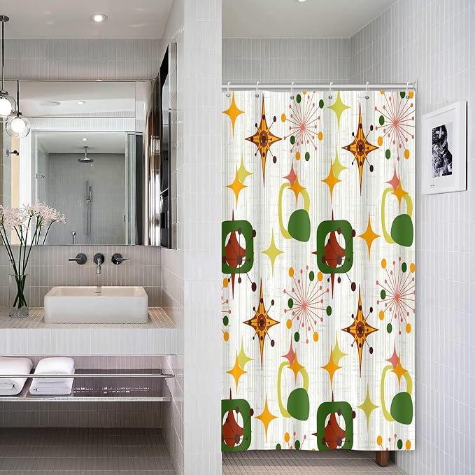 Mid Century Shower Curtain, 48x72inch, Modern Abstract Retro Green Striped Geometric Shower Curtain Sets 1950s Boho Bathroom Shower Curtain with 8 Hooks