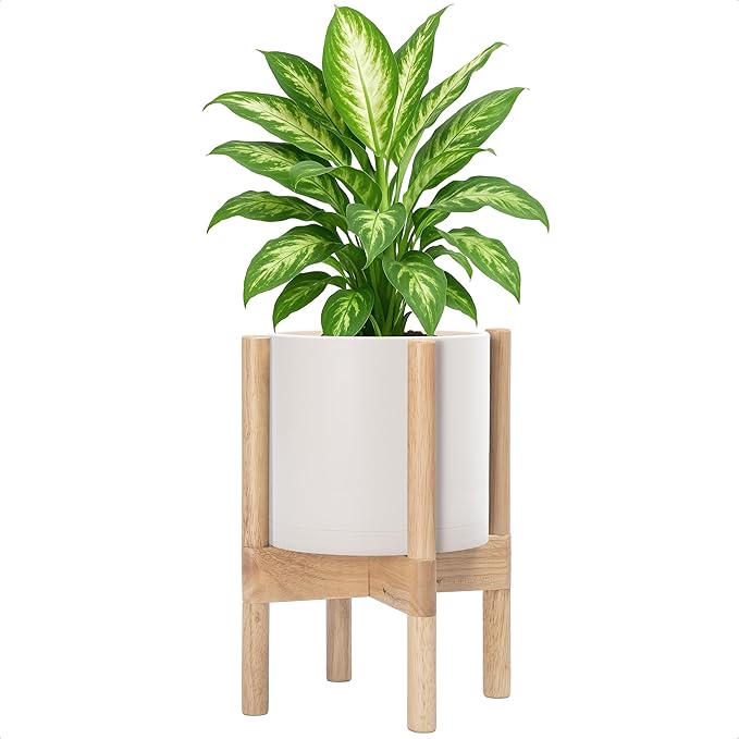 D'vine Dev Planter Pot with Stand - 8 Inch Plastic Cylinder Flower Pot with Wood Planter Holder for Indoor, Oatmeal Pot + Natural Stand, 55-C-J-4