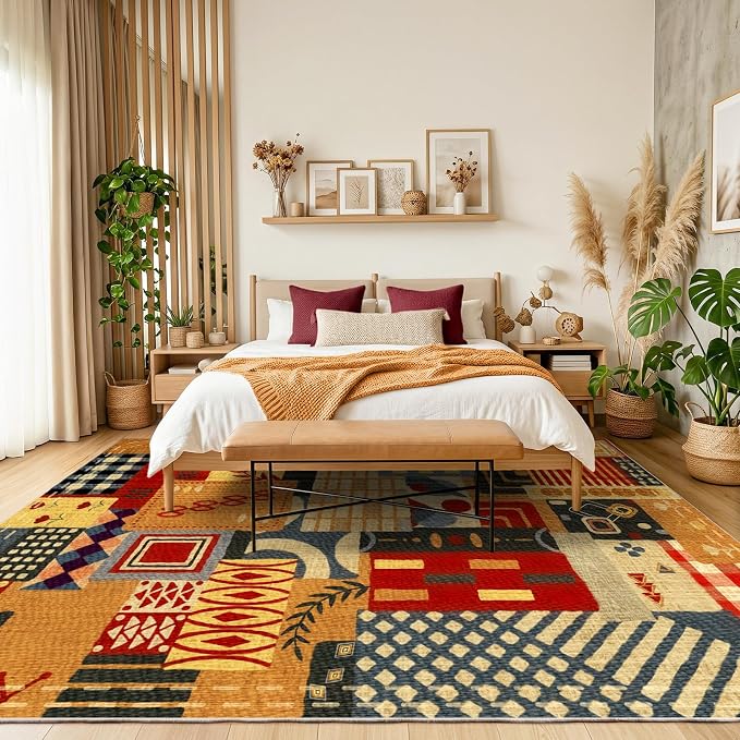9x12 Abstract Tribal Patchwork Large Area Rug, Colorful Boho Tribal Geometric Rugs for Living Room, Non Slip Low Pile Washable Indoor Carpet Rug for Bedroom, Entryway, Dining Room, Home Office Decor