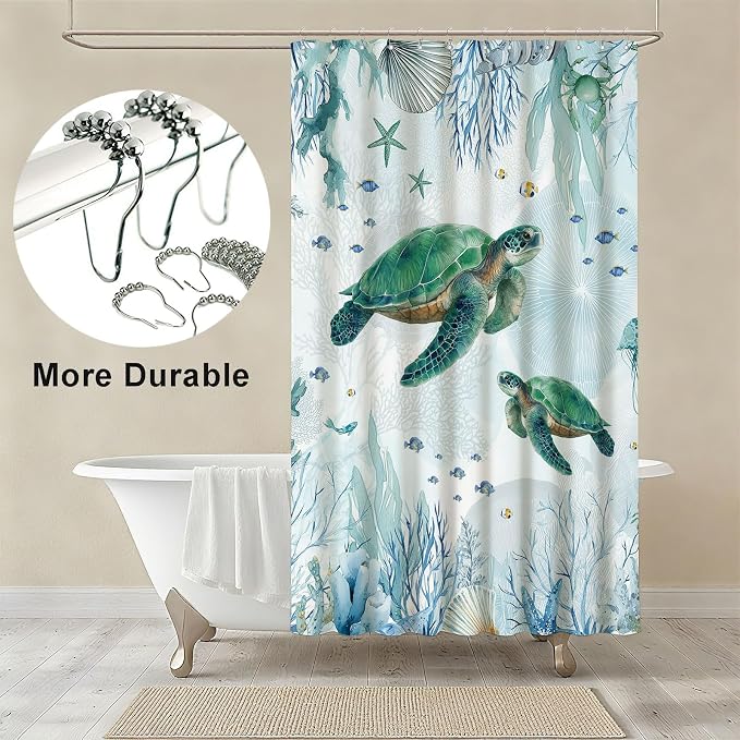 Green Sea Turtle Shower Curtain Teal Blue Coastal Shower Curtains for Bathroom Waterproof Fabric Bath Curtain Decor with Hooks