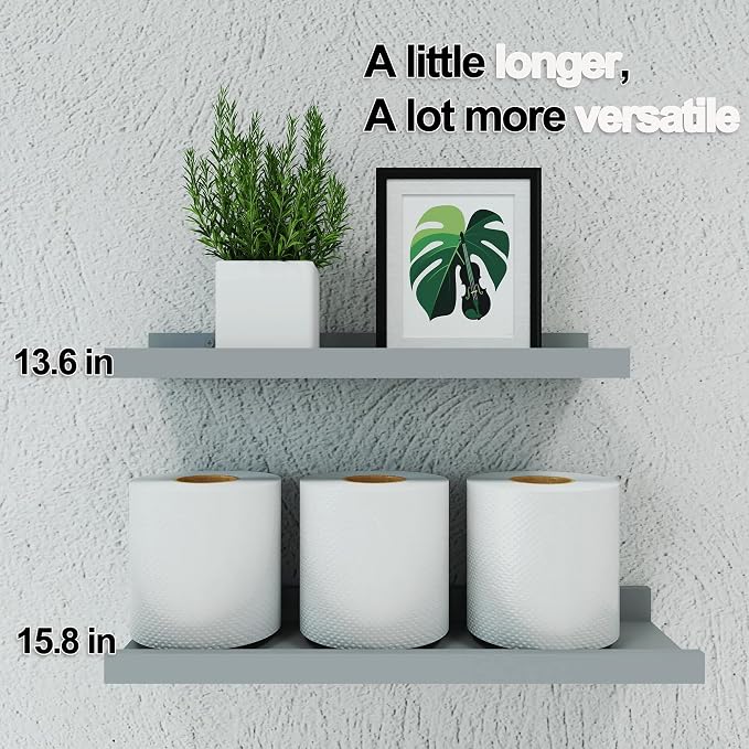 Floating Shelves for Wall Decor, Wall Mounted Wood Storage Shelf for Bedroom, Living Room, Bathroom, Kitchen, Nursery, Display Picture Ledge Shelf with Lip Set of 2-14 Inches, Grey