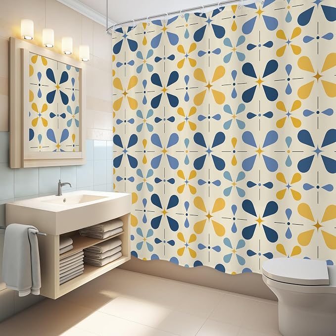Blue Boho Mid Century Shower Curtain Bathroom Set 71Wx71H Inches Retro Navy Yellow Modern Abstract Vintage Colourful Geometric Bath Accessories Water Drop Art Home Decor Fabric 12 Pack Hooks