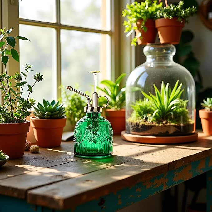Glass Plant Mister Spray Bottle, 230ML Vintage Plant Spritzer, Succulent Watering Bottle Glass with Top Pump, Small Plants Sprayer Watering Can for Indoor Outdoor House(Green)