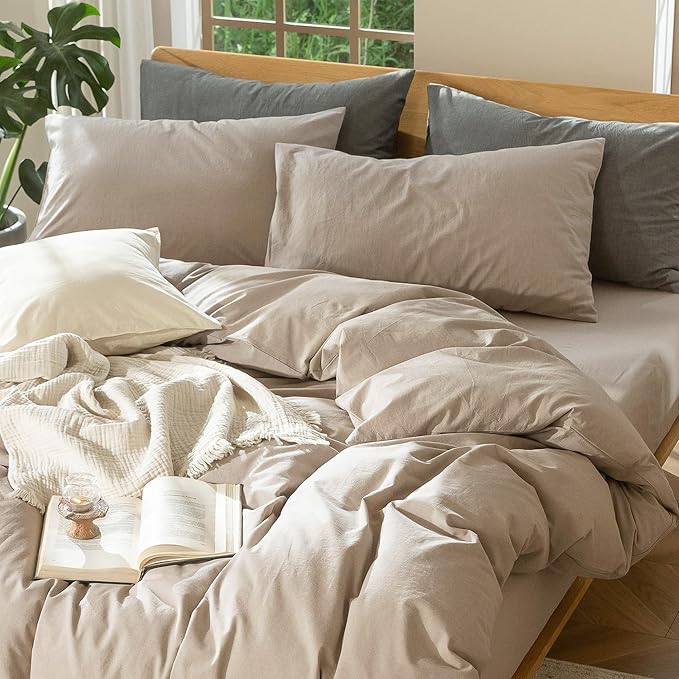 MooMee Bedding Duvet Cover Set 100% Washed Cotton Linen Like Textured Breathable Durable Soft Comfy (Heathered Taupe, King 104"x90")
