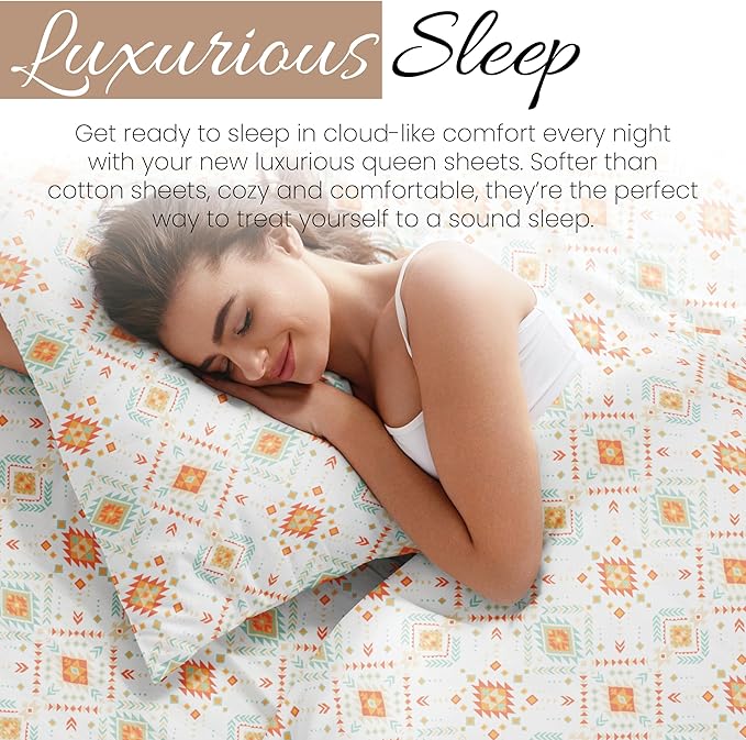 Linen Market Patterned Microfiber Queen Sheet Set 4 Piece – Oeko-TEX Certified Ultra Soft & Wrinkle-Free - 16" Deep Pocket Sheets - Easy Care Queen Size - Aztec Dreams Coral