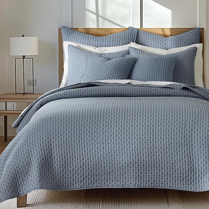 Levtex Home - Cross Stitch Chambray Quilt Set - Full/Queen Quilt + Two Standard Pillow Shams - Cross Stitched Pattern - Quilt Size (88x92in) and Pillow Sham Size (26x20in) - Reversible - Cotton Fabric