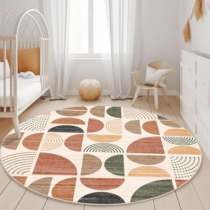 MUJOO Round Rugs 5ft,Circle Area Rug Washable,Circular Rugs for Living Room Dining Room,Boho Non Slip Throw Floor Carpet Modern Abstract Bohemian Terracotta