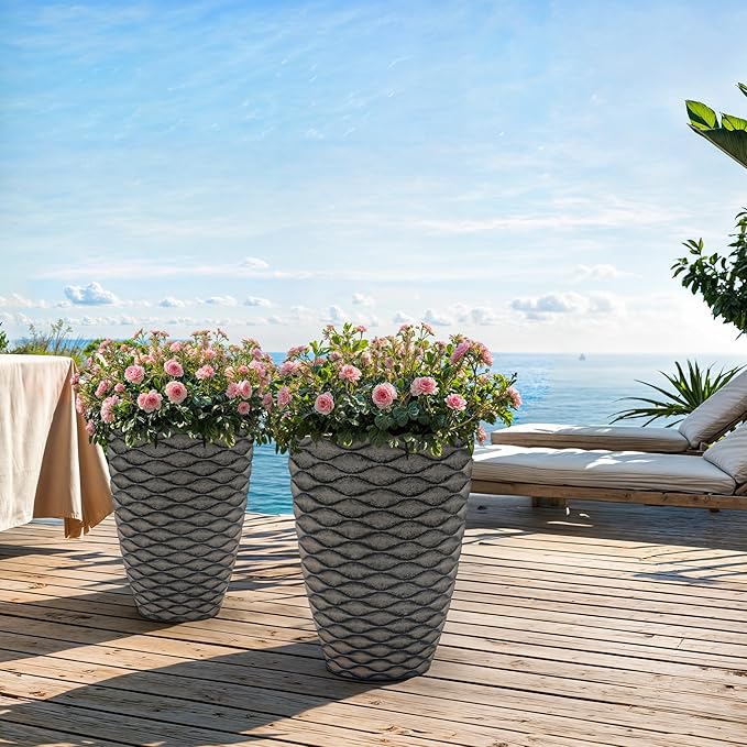 19" Resin Tall Outdoor Planters (Set of 2), Rustic Washed Black Finish Flower Pots with Wave Texture, Weather-Resistant for Porch, Garden, or Patio