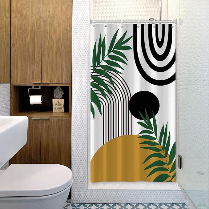 Boho Mid Century Shower Curtain Bohemian Abstract Modern Sun Bathroom Curtain Geometric Arch Curve Leaves Polyester Shower Curtain Sets for Bathroom Extra Long 36x72 in with 6 Hooks