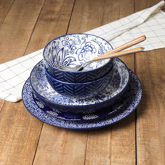 Selamica Dinnerware Sets 16 Piece, Ceramic Plates and Bowls Set, Embossed Dishes Set for 4, Housewarming, Dark Blue