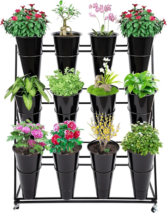 Flower Display Stand with 12 Buckets, 3 Layer Metal Plant Stand Indoor with Wheels, Heavy Duty Moving Flower Cart Flower Rack for Outdoor Patio, Garden, Florist
