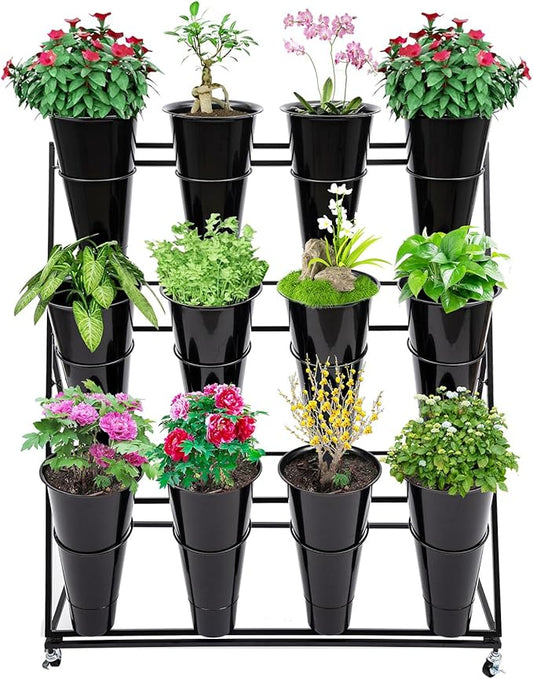 Flower Display Stand with 12 Buckets, 3 Layer Metal Plant Stand Indoor with Wheels, Heavy Duty Moving Flower Cart Flower Rack for Outdoor Patio, Garden, Florist