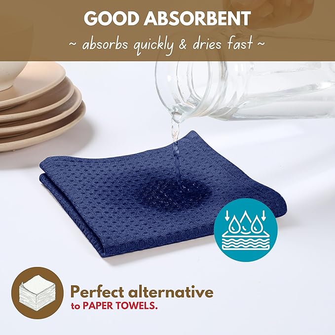 Native Fab 18 Pack Waffle Dish Cloths - 100% Cotton, 12x12 inch, Absorbent, Quick Drying, Washable Towels for Cleaning, Cooking & Baking - Perfect for Home, Restaurants, Bars, Multi Use - Indigo Blue